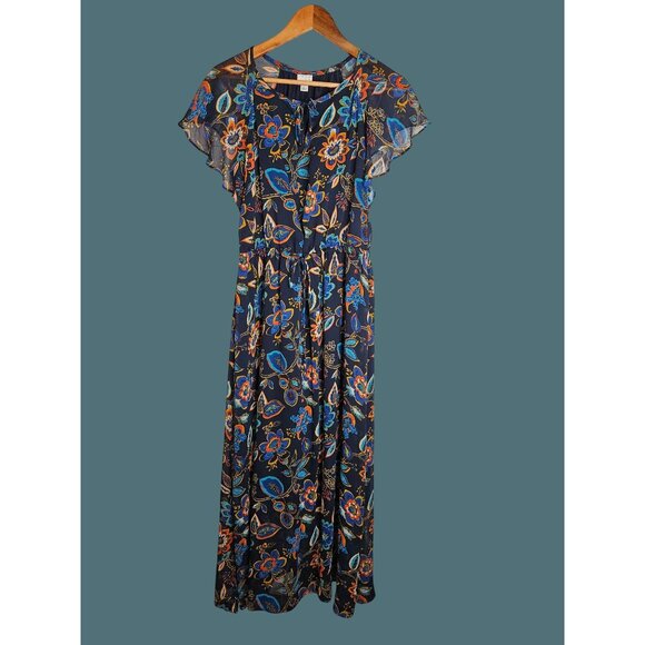 A New Day Navy Floral Sheer Flutter Sleeves Lightweight Flowy Maxi Dress Size L - Picture 3 of 12